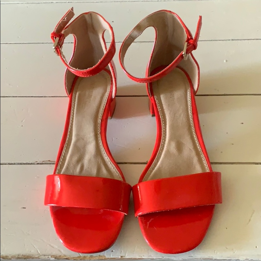 Red Patent Leather Ankle Strap Block Heel Sandals